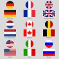 Flags icon set. National symbol of USA, UK, Holland, the Netherlands, Germany, Italy, Canada, France, Russia and Belgium. Vector i Royalty Free Stock Photo
